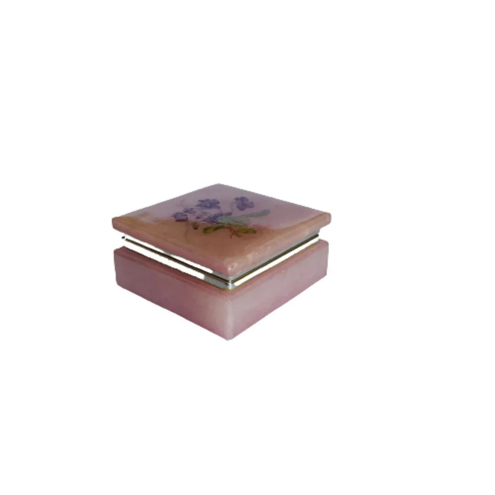 Alabaster Pink Trinket Box Violet Floral Hinged Lid Hand Carved Italy